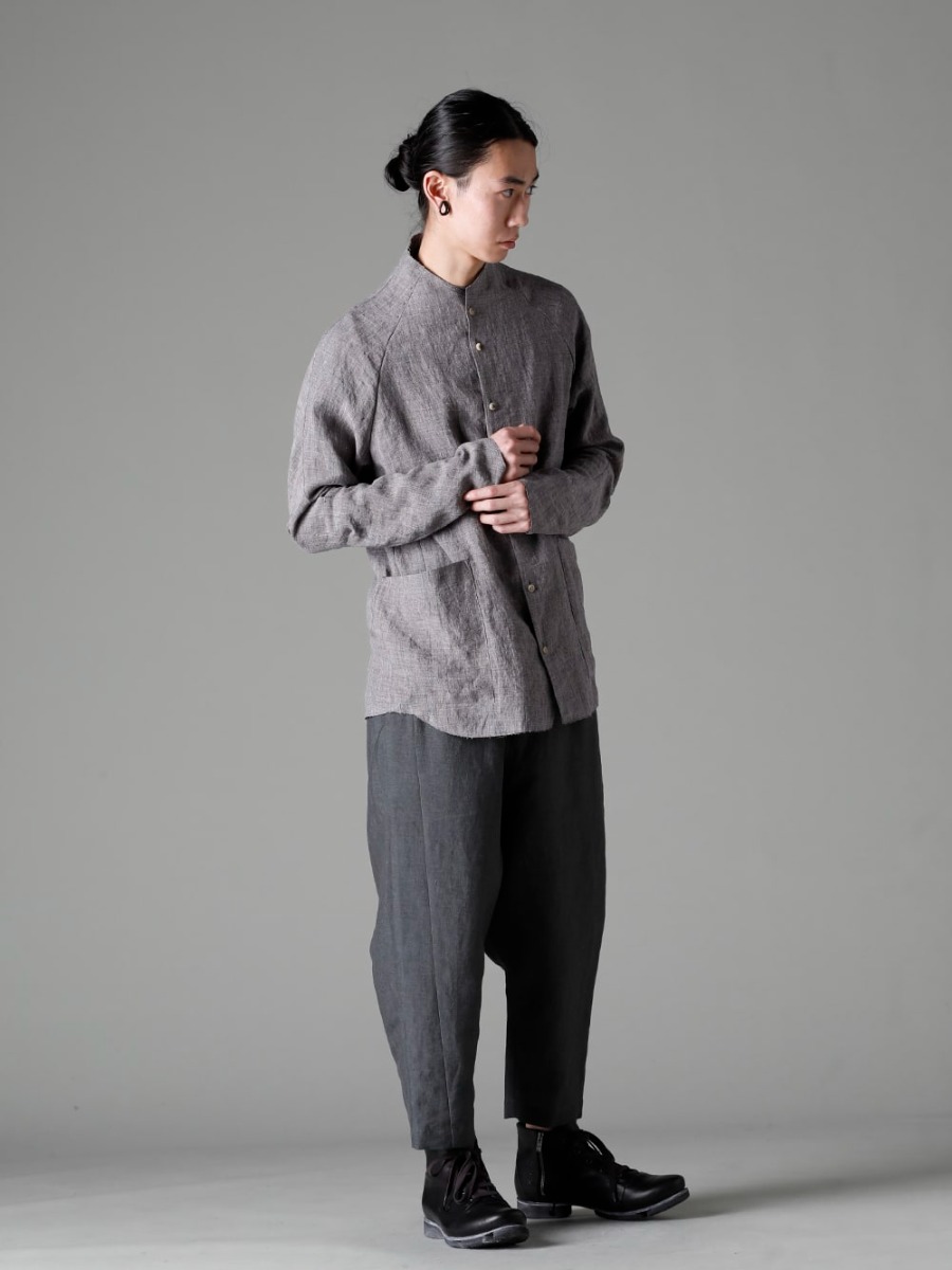 DEVOA 23SS styling 23SS with a wide variety of shirts - SHN-RTHR-Vintage-Blue Shirt Ramie Vintage Blue CSC-SSL3-Mud-Gray Long Sleeve Cotton Stretch Jersey Mud Gray PTN-BLKL-Blue-Gray Dropped Crotch Cropped Pants Linen Blue Gray FW-CSHS Leather boots GUIDI Horse leather  1-004