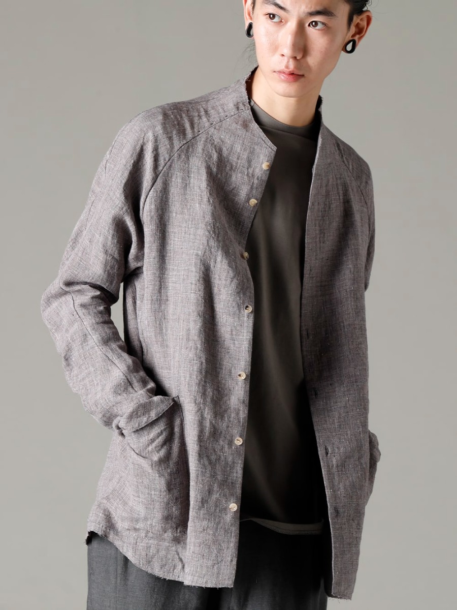 DEVOA 23SS Semi-high neck shirt with jacket details  - SHN-RTHR-Vintage-Blue Shirt Ramie Vintage Blue CSC-SSL3-Mud-Gray Long Sleeve Cotton Stretch Jersey Mud Gray 2-001