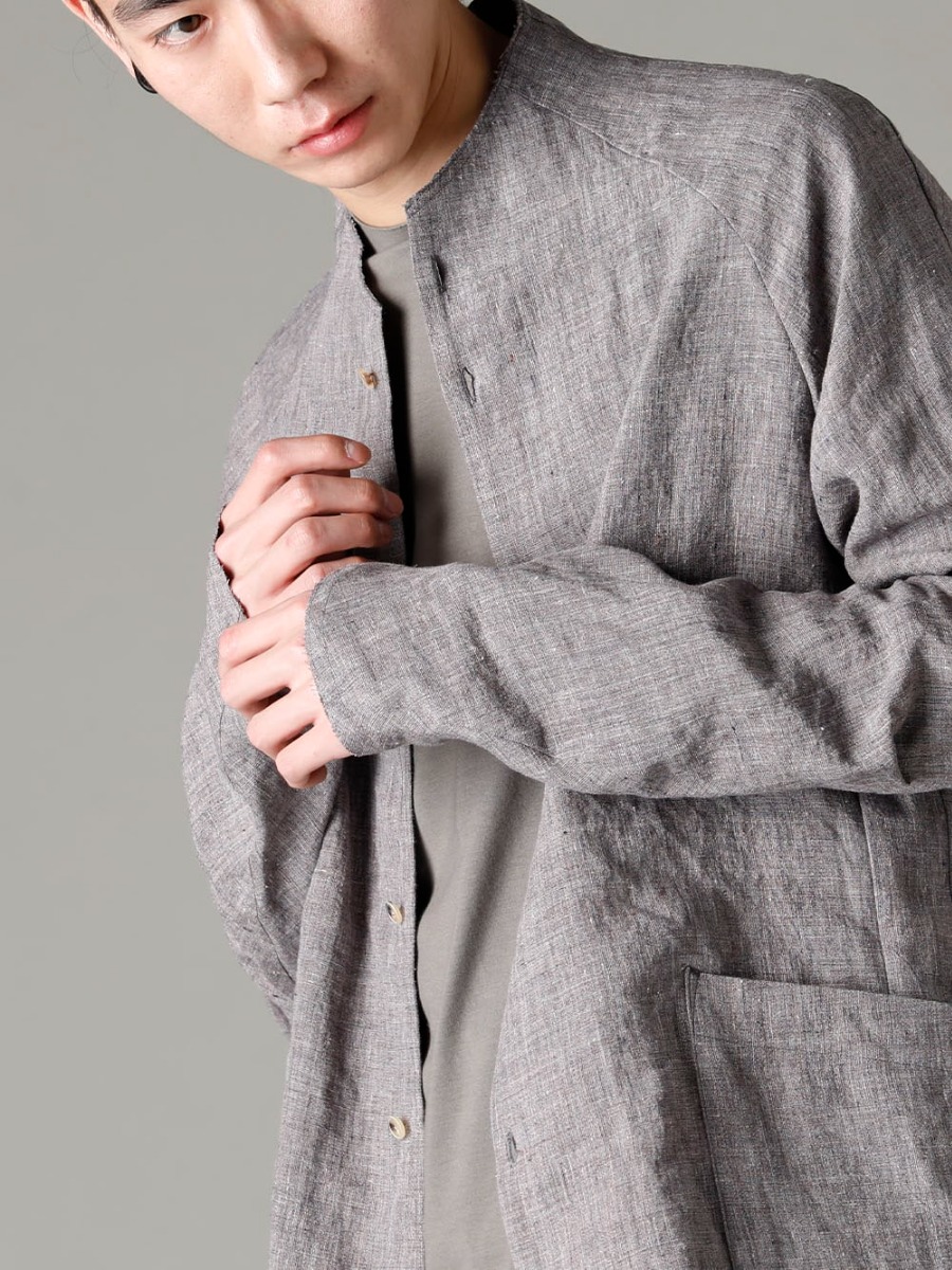 DEVOA 23SS Semi-high neck shirt with jacket details  - SHN-RTHR-Vintage-Blue Shirt Ramie Vintage Blue CSC-SSL3-Mud-Gray Long Sleeve Cotton Stretch Jersey Mud Gray 2-002