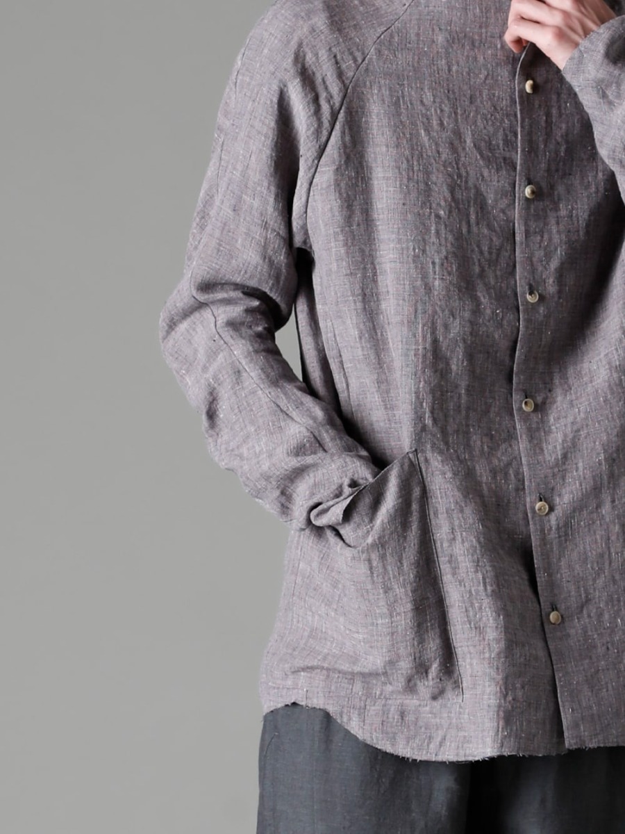 DEVOA 23SS Semi-high neck shirt with jacket details  - SHN-RTHR-Vintage-Blue Shirt Ramie Vintage Blue CSC-SSL3-Mud-Gray Long Sleeve Cotton Stretch Jersey Mud Gray 2-003