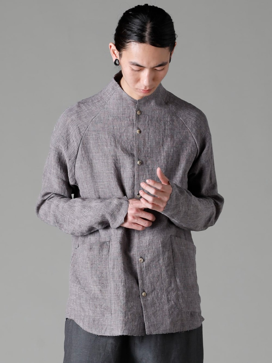 DEVOA 23SS Semi-high neck shirt with jacket details  - SHN-RTHR-Vintage-Blue Shirt Ramie Vintage Blue CSC-SSL3-Mud-Gray Long Sleeve Cotton Stretch Jersey Mud Gray 2-005