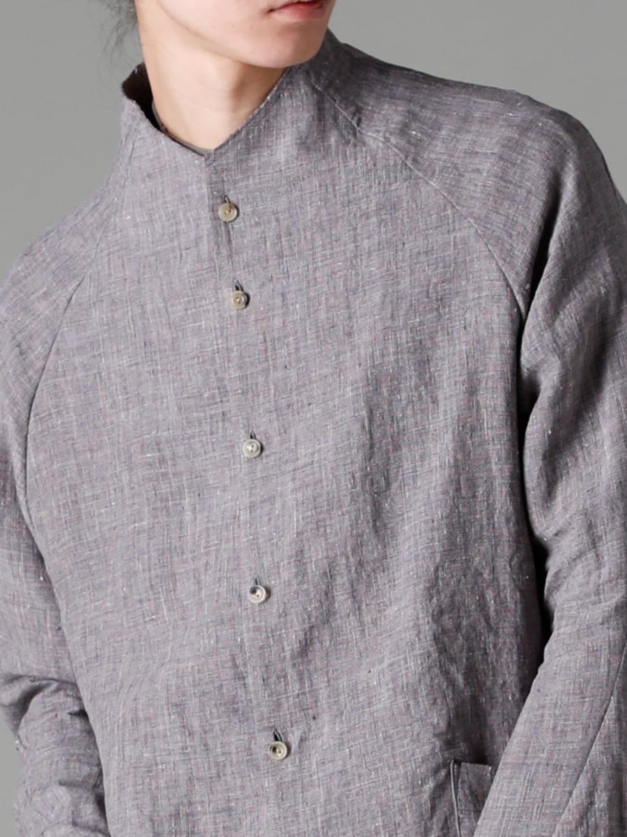 DEVOA 23SS Semi-high neck shirt with jacket details  - SHN-RTHR-Vintage-Blue Shirt Ramie Vintage Blue CSC-SSL3-Mud-Gray Long Sleeve Cotton Stretch Jersey Mud Gray 2-006