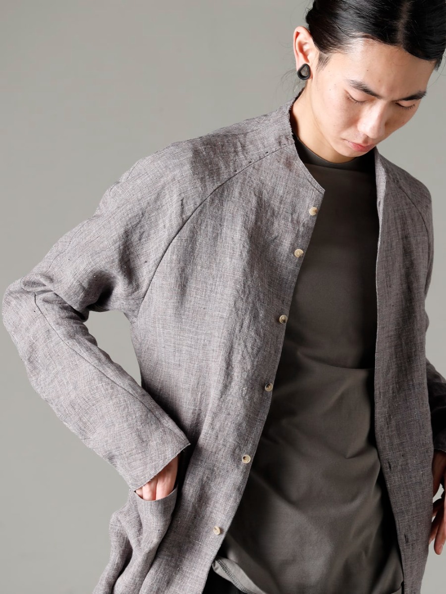 DEVOA 23SS Semi-high neck shirt with jacket details  - SHN-RTHR-Vintage-Blue Shirt Ramie Vintage Blue CSC-SSL3-Mud-Gray Long Sleeve Cotton Stretch Jersey Mud Gray 2-007