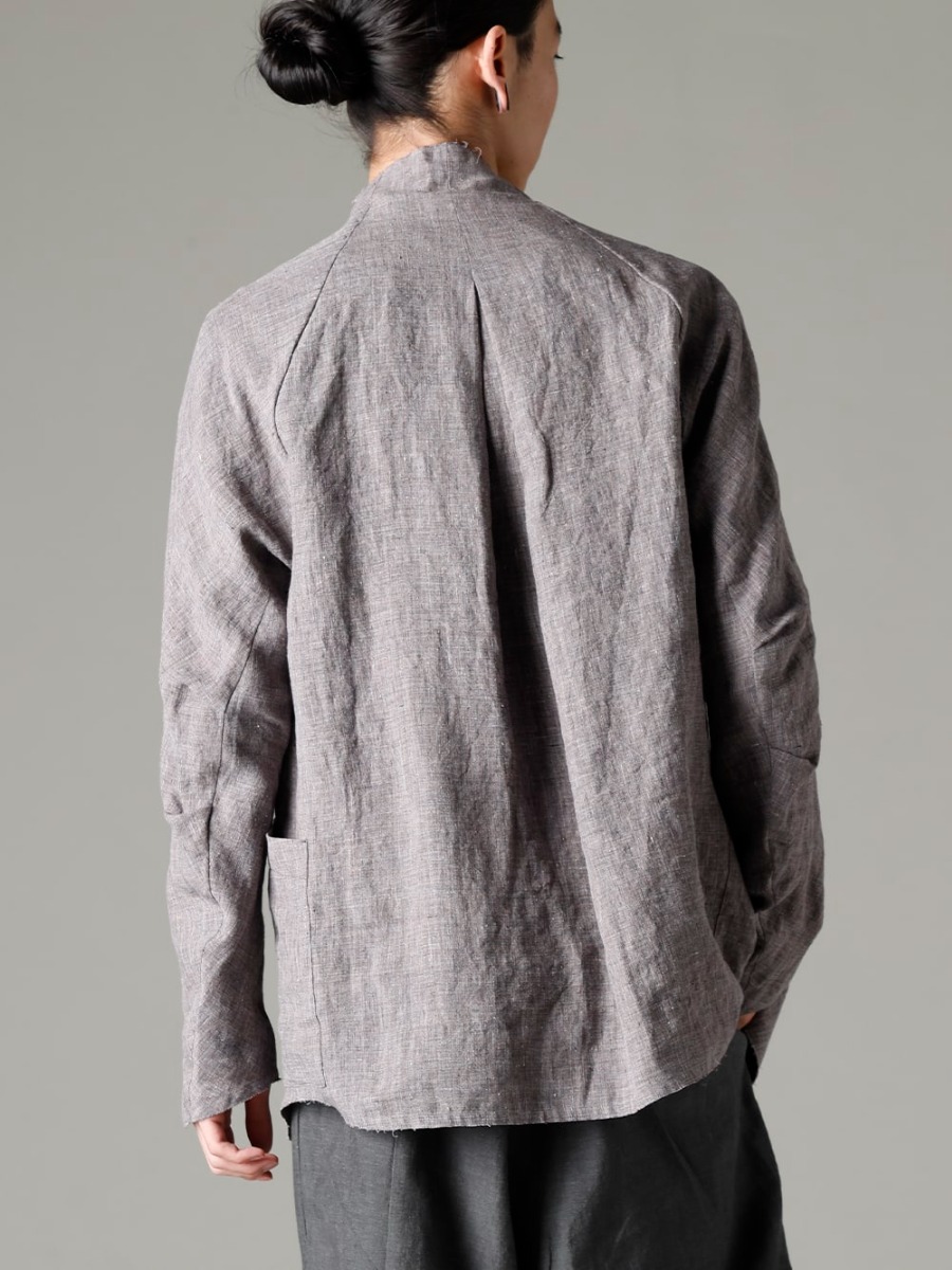 DEVOA 23SS Semi-high neck shirt with jacket details  - SHN-RTHR-Vintage-Blue Shirt Ramie Vintage Blue CSC-SSL3-Mud-Gray Long Sleeve Cotton Stretch Jersey Mud Gray 2-008