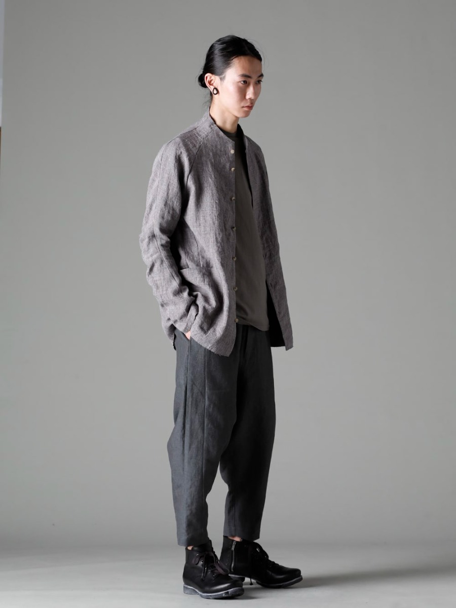 DEVOA 23SS SHN-RTHR-Vintage-Blue Shirt Ramie Vintage Blue CSC-SSL3-Mud-Gray Long Sleeve Cotton Stretch Jersey Mud Gray PTN-BLKL-Blue-Gray Dropped Crotch Cropped Pants Linen Blue Gray FW-CSHS Leather boots GUIDI Horse leather  4-001