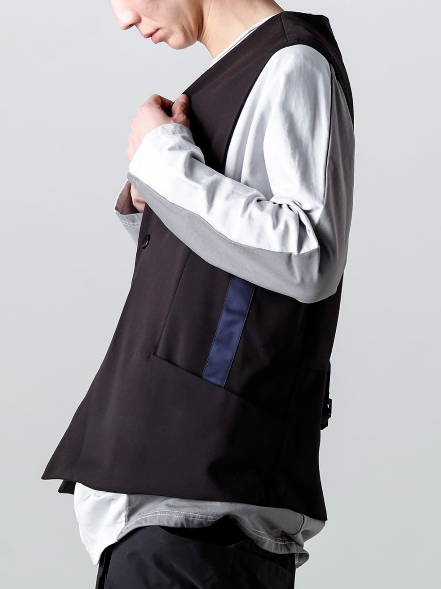 RIPVANWINKLE - リップヴァンウィンクル 2023SS 新しい提案となるベストはブラックに映えるネイビーのサイドラインがポイント  - RW-544 - グルカ ベスト - RW-500-L.Gray × Shark - ドルマン L/S ライトグレー × シャーク 2-003