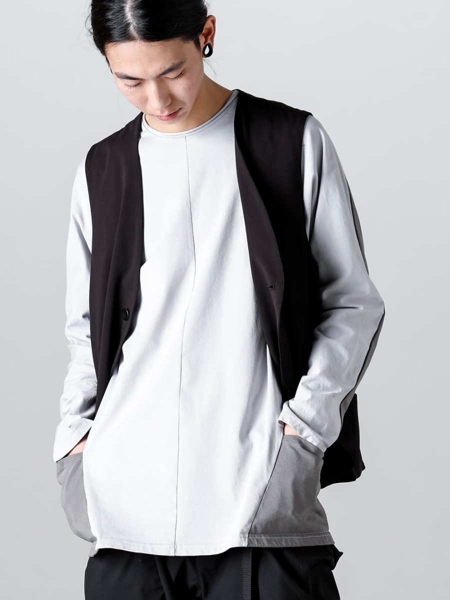 RIPVANWINKLE - リップヴァンウィンクル 2023SS 新しい提案となるベストはブラックに映えるネイビーのサイドラインがポイント  - RW-544 - グルカ ベスト - RW-500-L.Gray × Shark - ドルマン L/S ライトグレー × シャーク 2-006