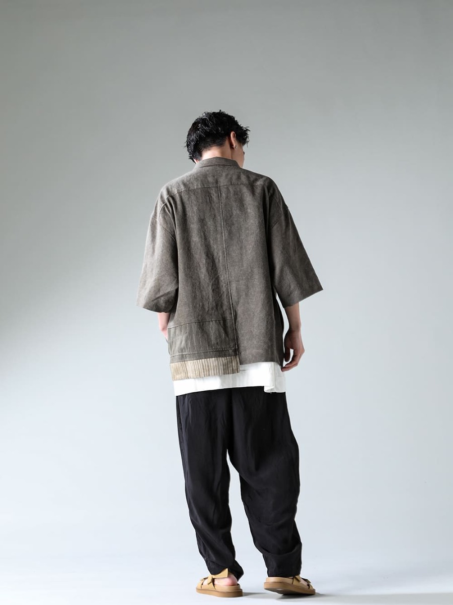 ZIGGY CHEN 23SS Subdued earth-colored worker jacket - 0M2310917-Oversized Short Sleeve Worker Jacket - O15TS1-KINARI-SS TEE SS TEE Cotton Hemp Jersey KINARI - UM3507-Black-Pajama Pants - US9561-Tan-Mens Sandal Tan 1-003