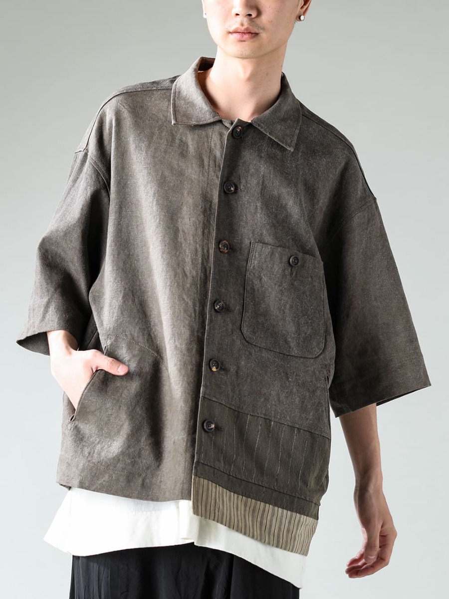  ZIGGY CHEN 23SS (Spring/Summer) Linen's rough look and striking cold-dyed fabric with stretchy gaps - Image details (overall styling details) 0M2310917 - Oversized short-sleeved worker jacket - O15TS1 - KINARI-SS TEE Cotton hemp jersey Kinari 2-001