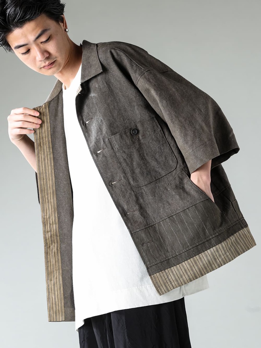 ZIGGY CHEN 23SS (SPRING/SUMMER) LINEN RUGGED LOOK AND STRIKING COLD-DYED FABRIC WITH STRETCHY GAPS - 0M2310917 - OVERSIZED SHORT-SLEEVED WORKER JACKET - O15TS1 - KINARI-SS TEE COTTON HEMP JERSEY - KINARI 2-003