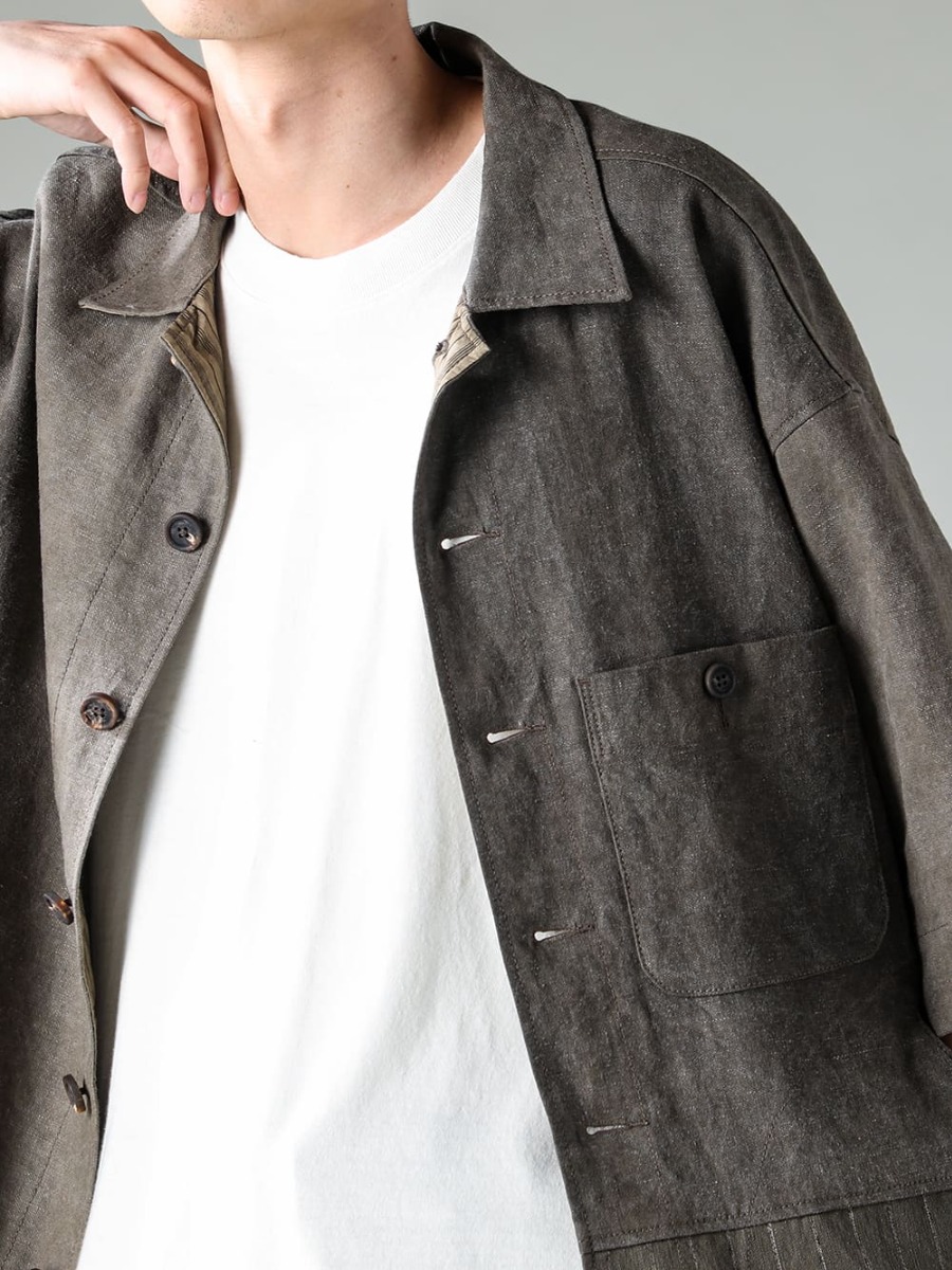 ZIGGY CHEN 23SS (SPRING/SUMMER) LINEN RUGGED LOOK AND STRIKING COLD-DYED FABRIC WITH STRETCHY GAPS - 0M2310917 - OVERSIZED SHORT-SLEEVED WORKER JACKET - O15TS1 - KINARI-SS TEE COTTON HEMP JERSEY - KINARI 2-004