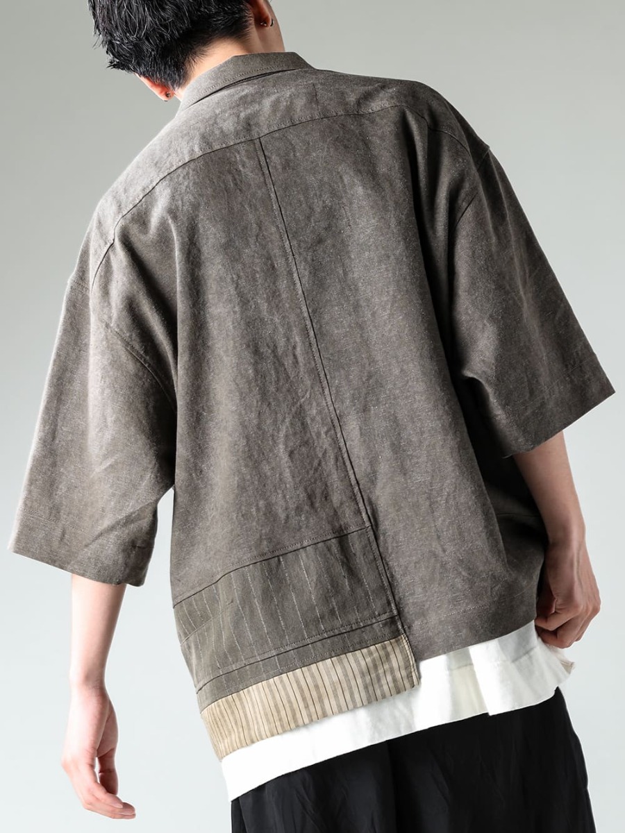 ZIGGY CHEN 23SS (SPRING/SUMMER) LINEN RUGGED LOOK AND STRIKING COLD-DYED FABRIC WITH STRETCHY GAPS - 0M2310917 - OVERSIZED SHORT-SLEEVED WORKER JACKET - O15TS1 - KINARI-SS TEE COTTON HEMP JERSEY - KINARI 2-005