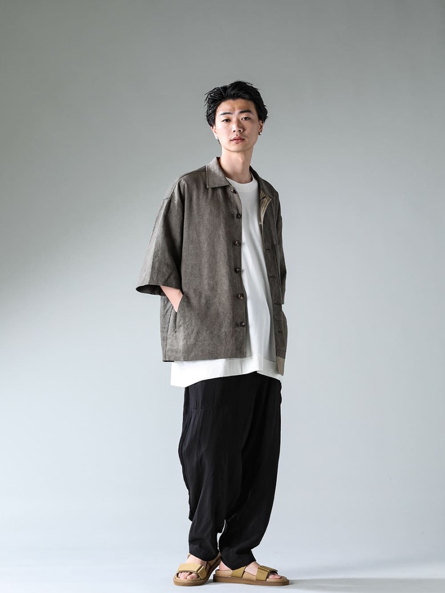  ZIGGY CHEN 23SS (Spring/Summer) Full length pants for summer, recommended in combination with sandals - 0M2310917 - Oversize Short Sleeved Worker Jacket - O15TS1 - KINARI - SS TEE Cotton Hemp Jersey Kinari - UM3507 - Black - Pajama Pants - US9561 - Tan - Men's Sandal Tan 3-004