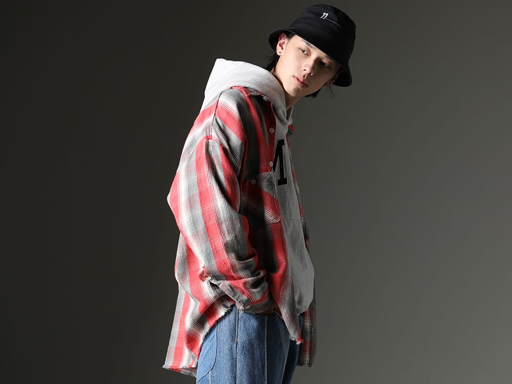 SAINT MICHAEL / 11 by Boris Bidjan Saberi 2023SS - Damaged collaborative flannel shirt - SM-S23-0000-087(SHERMER ACADEMY × ©SAINT M×××××× Frannl Check Shirt) SM-S23-0000-046(MX6 Hoodie) ST-BUCKET-GORE-TEX-11XNE(11 by BBS × New Era - BUCKET GORE-TEX) - 2-002