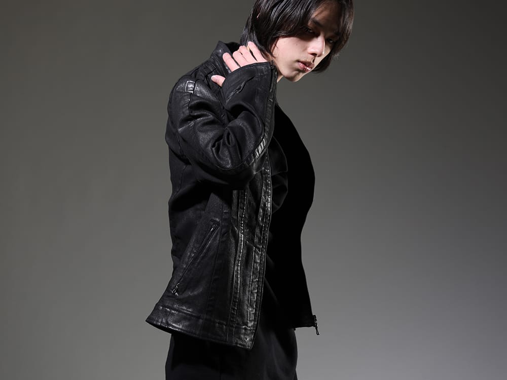 Julius 2023SS - Drape Neck Cutsew Made Slightly Oversized - 819BLM2-C(10.5oz Stretch Denim Coating Seamed Jacket) 819CUM2-black(Cotton Sweat Drape Neck Short Sleeve T-Shirt Black) - 2-002