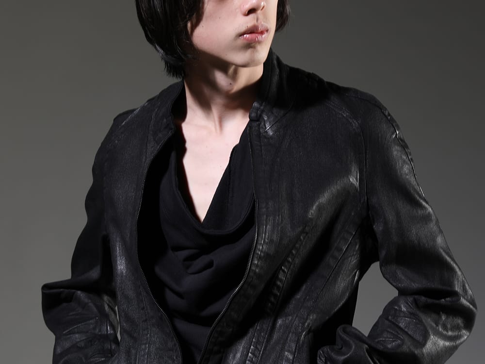 Julius 2023SS - Drape Neck Cutsew Made Slightly Oversized - 819BLM2-C(10.5oz Stretch Denim Coating Seamed Jacket) 819CUM2-black(Cotton Sweat Drape Neck Short Sleeve T-Shirt Black) - 2-004