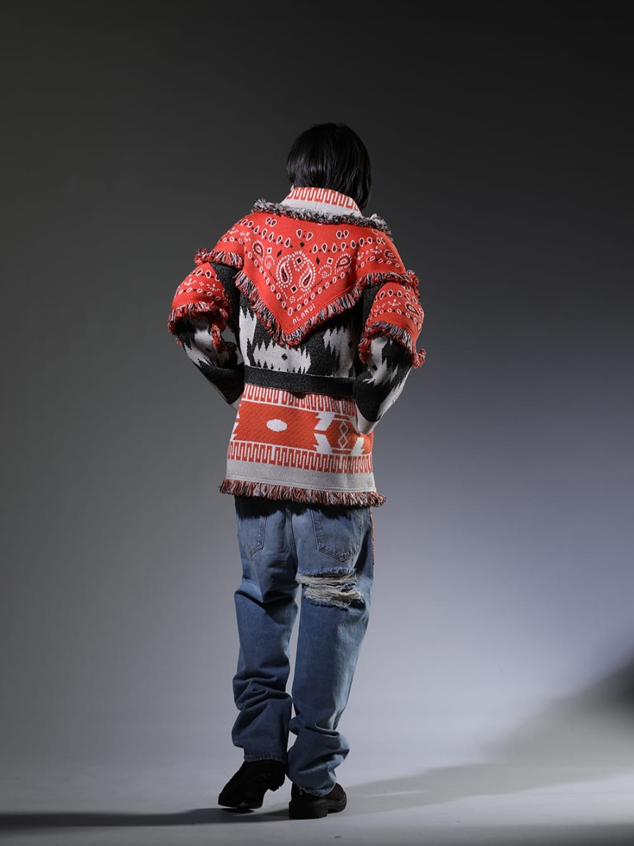 ALANUI / SAINT MICHAEL / Guidi 2023SS - This is a casual yet elegant coordination. - LMHS23-054(Icon Bandana Patch Jacqrd Cardigan) SM-S23-0000-029(EVIL SPILIT Long sleeve T-shirt) LMYS23-200(Baggy Denim Patchwork Jeans) 796V_N-CV60T(Back Zip Boots Sole Rubber Norwegian Process - Horse Reverse Leather - 796V_N CV60T) - 1-003