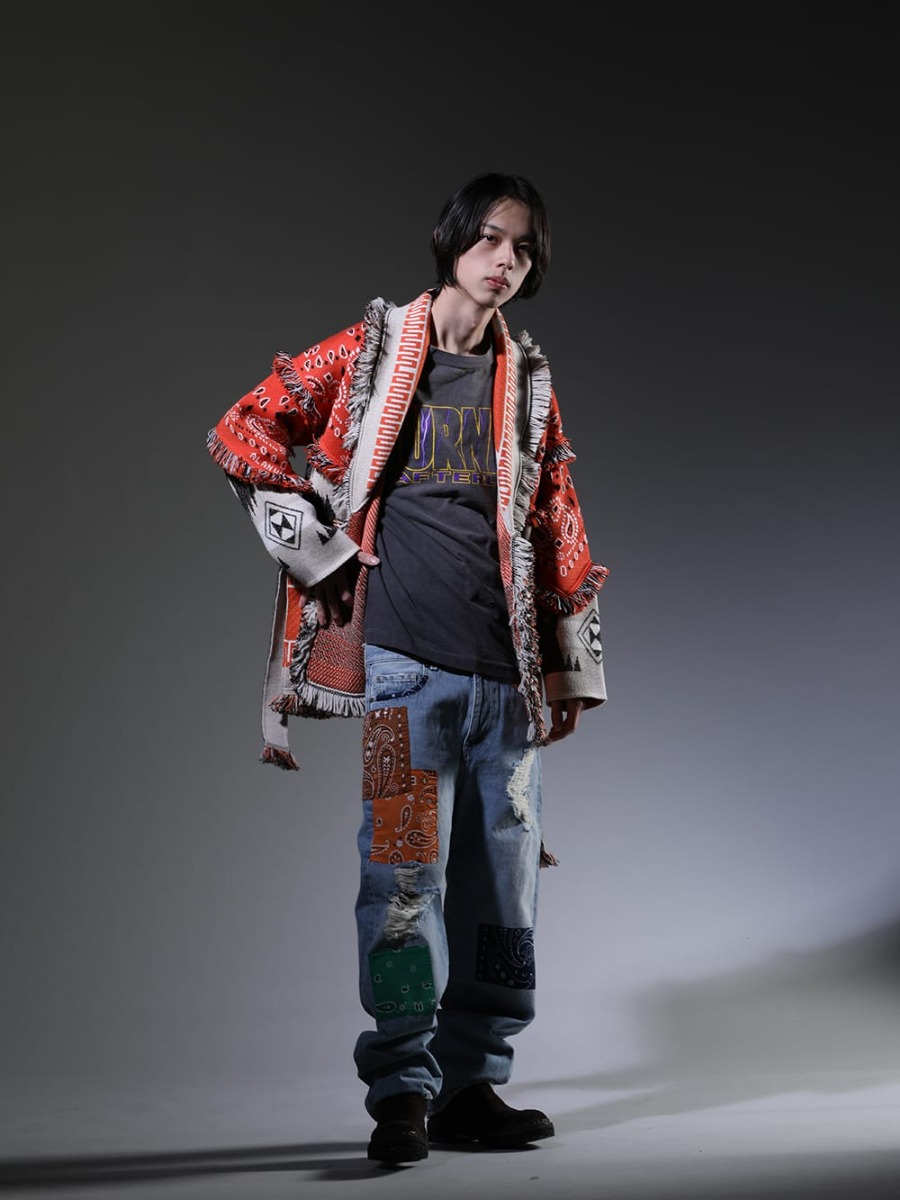 ALANUI / SAINT MICHAEL / Guidi 2023SS - This is a casual yet elegant coordination. - LMHS23-054(Icon Bandana Patch Jacqrd Cardigan) SM-S23-0000-029(EVIL SPILIT Long sleeve T-shirt) LMYS23-200(Baggy Denim Patchwork Jeans) 796V_N-CV60T(Back Zip Boots Sole Rubber Norwegian Process - Horse Reverse Leather - 796V_N CV60T) - 1-004