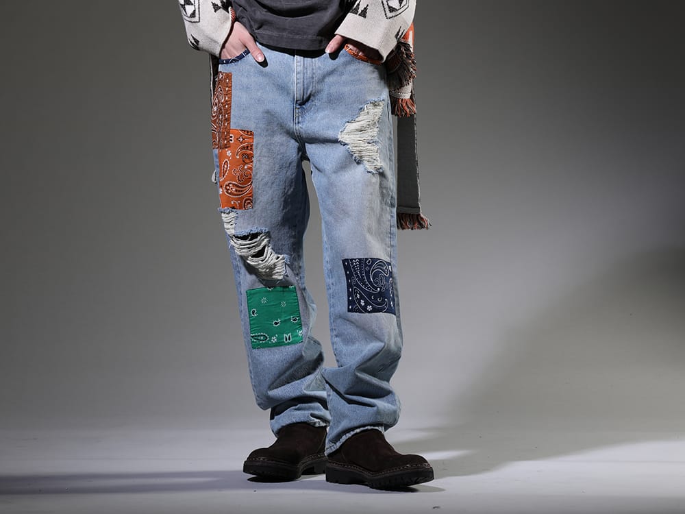 ALANUI / Guidi 2023SS These denim pants feature the patchwork that ALANUI is known for. - LMYS23-200(Baggy Denim Patchwork Jeans) 796V_N-CV60T(Back Zip Boots Sole Rubber Norwegian Process - Horse Reverse Leather - 796V_N CV60T) - 3-001