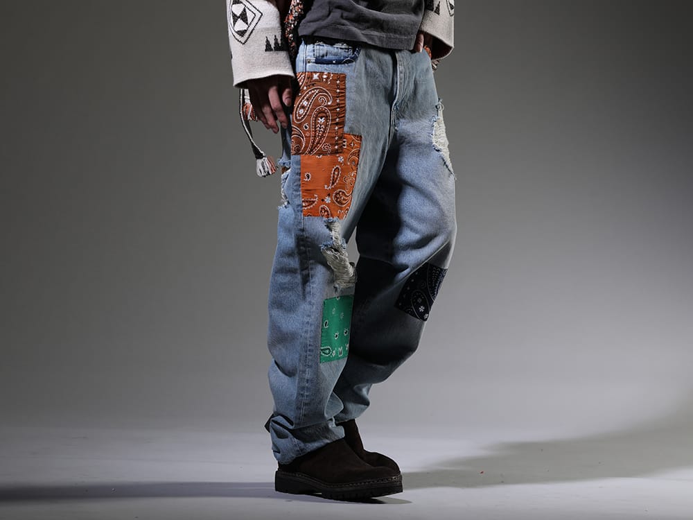 ALANUI / Guidi 2023SS These denim pants feature the patchwork that ALANUI is known for. - LMYS23-200(Baggy Denim Patchwork Jeans) 796V_N-CV60T(Back Zip Boots Sole Rubber Norwegian Process - Horse Reverse Leather - 796V_N CV60T) - 3-002