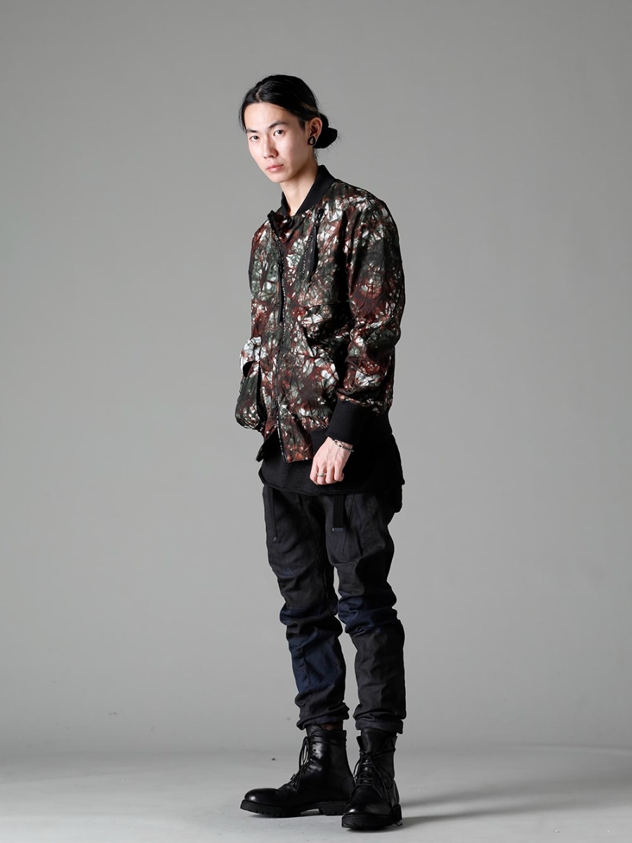 D.HYGEN 23SS Styling Styling that can be worn in real time, with D.HYGEN items as the main focus - ST104-0123S-Moss-Black Mura (unevenly dyed) Nylon Ox Bomber Jacket, Moss Black ST107-0323S Mud-finished stretch denim drop crotch jog pants 795V-Black-Horse Lace-up boots with rubber sole - Horse full grain leather - 795V 1-002