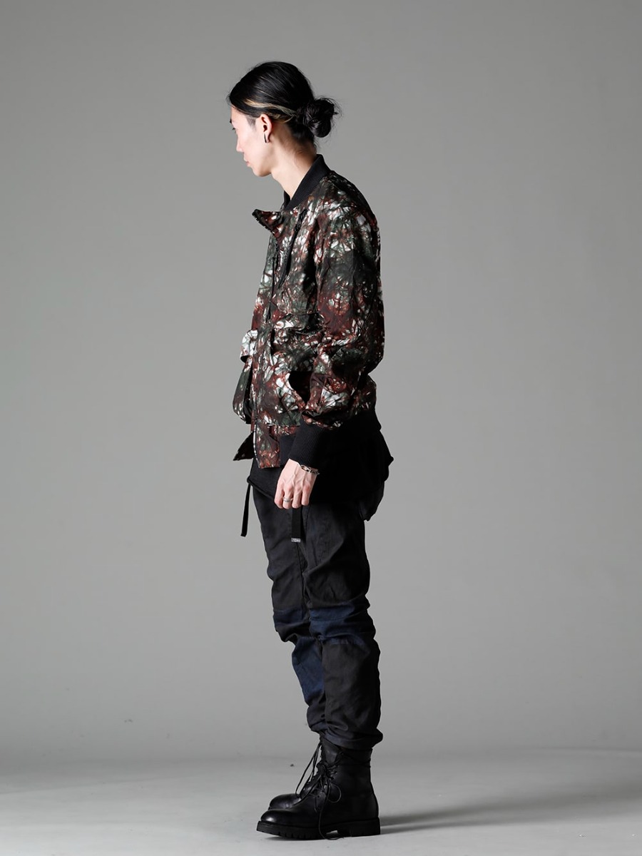 D.HYGEN 23SS Styling Styling that can be worn in real time, with D.HYGEN items as the main focus - ST104-0123S-Moss-Black Mura (unevenly dyed) Nylon Ox Bomber Jacket, Moss Black ST107-0323S Mud-finished stretch denim drop crotch jog pants 795V-Black-Horse Lace-up boots with rubber sole - Horse full grain leather - 795V 1-003