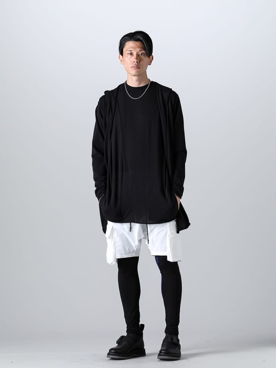 RIPVANWINKLE - リップヴァンウィンクル 2023SS スタイリング - RIPVANWINKLE ブッシュショーツ ホワイト スタイル 同素材のクロスニットジャージーとニットカーデフーディで統一感を出し提案 - RW-504 - ニット カーデ フーディ - RW-528 - クロス ニットジャージー - RW-538-White - ブッシュショーツ ホワイト 1-001