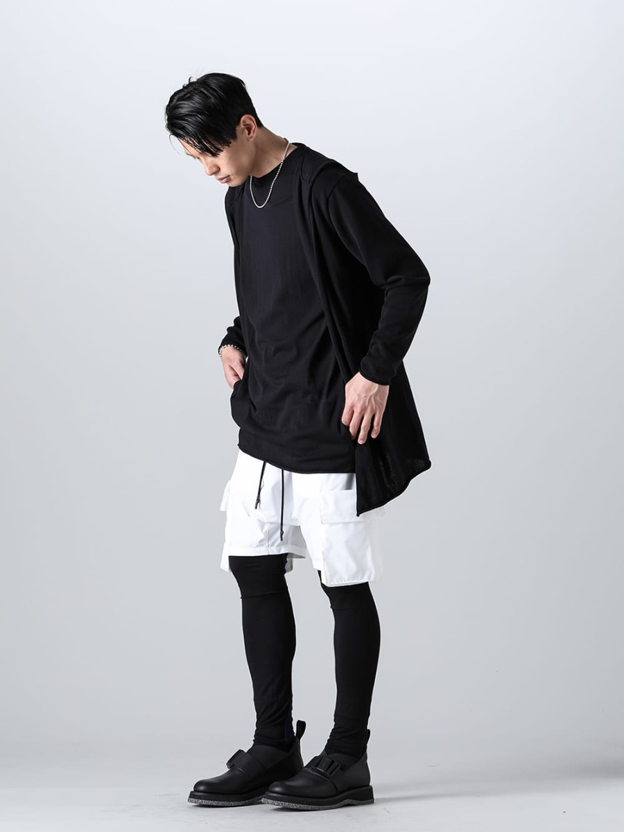 RIPVANWINKLE - リップヴァンウィンクル 2023SS スタイリング 同素材のクロスニットジャージーとニットカーデフーディで統一感を出し提案 - RW-504 - ニット カーデ フーディ - RW-528 - クロス ニットジャージー - RW-538-White - ブッシュショーツ ホワイト 1-002