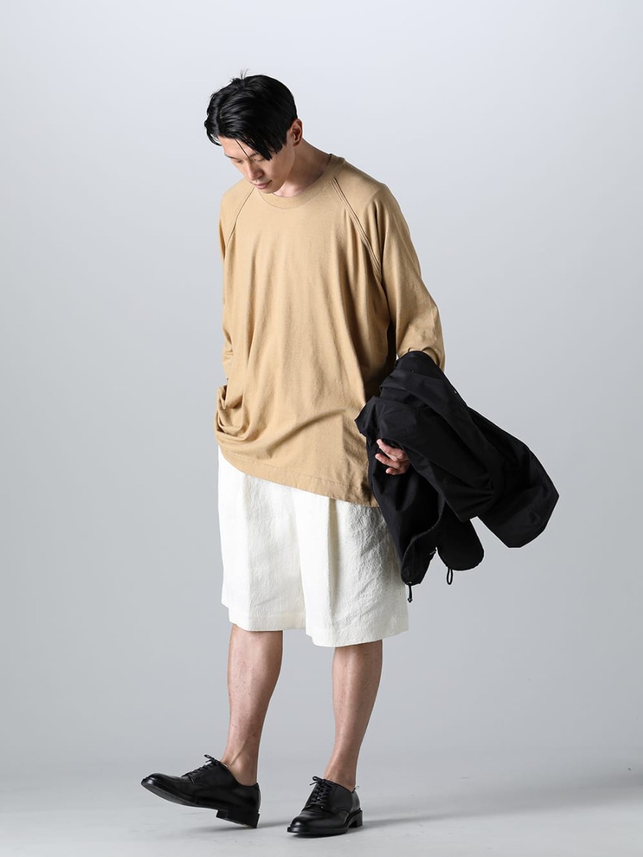 IRENISA - イレニサ 2023SS 見出し4 - O15TS2-YELLOW-BEIGE - 3/4 スリーブティー コットン ヘンプ ジャージー イエロー ベージュ -IH-23SS-P020-TK-Ivory - ツータックワイドショーツ Ivory - IH-22SS-S001-RC - レザーシューズ  4-001