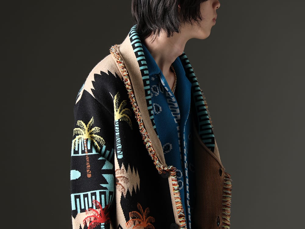 アラヌイ 2023SS - 高級感のある上質ウールで作り上げた1着 - LMHS23-050(パームツリー ジャカード アイコンカーディガン) LMHS23-022(バンダナ ピケットシャツ ブルースウィムマルチ) - 2-006
