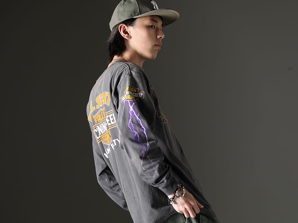 SAINT MICHAEL / NVCLEAR / WERKSTATT:MÜNCHEN / TAKAHIROMIYASHITATheSoloist. 2023SS - Glossy jacket and textured t-shirt - SM-S23-0000-029(EVIL SPILIT Long sleeve T-shirt) NV_002-Vintage-Green(NV LOGO FR ARMY COTTON CAP VINTAGE GREEN) M3501(Necklace charms) sa.0037SS23-Black(bone shaped carabiner bracelet.-L- Black) sa.0037SS23-Silver(bone shaped carabiner bracelet.-L- Silver) - 2-009