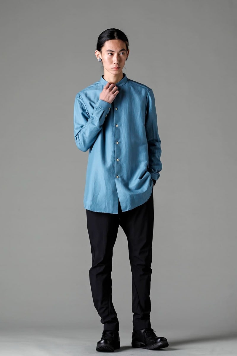 DEVOA 23SS ミニマルなデザインのセミロングマオカラーシャツ - SHN-ESCM Shirt Cotton/silk CSC-SSB3-Mud-Gray Printed Long Sleeve Cotton Stretch Jersey Mud Gray PTI-SDES スリム パンツ ショーラーダイナミック FW-VTHS Leather shoes GUIDI Calf 3-002