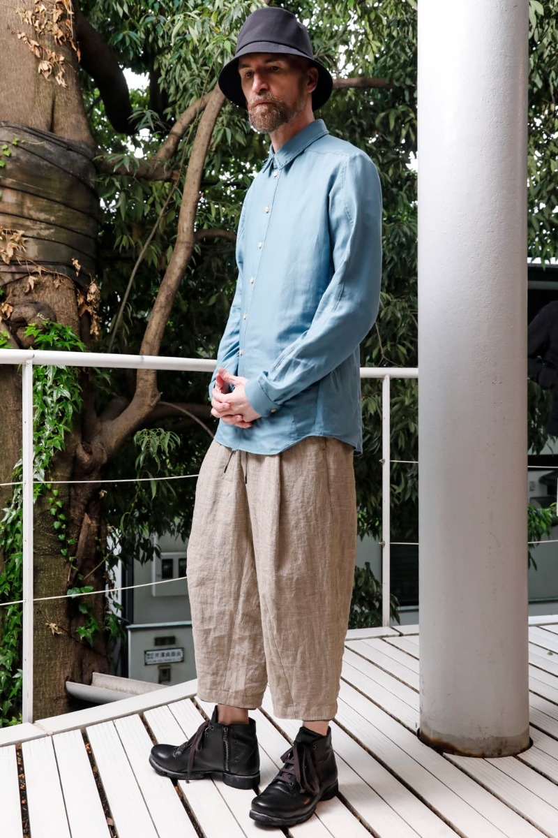 DEVOA 23SS スタンダードな形にアクセントを加えたボタンダウンシャツ - SHN-ESCR Shirt Cotton/silk PTI-STCB-Dune Baggy Cropped PantsRamie Dune FW-CSHS Leather boots GUIDI Horse leather 3-006