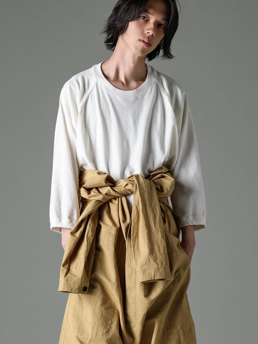 O PROJECT 23SS Can be worn in midsummer as shaped high-waisted trousers by tying the sleeves  O15JS1-MUSTARD-Jumpsuit Mustard Fine Canvas - O15TS2-KINARI-3/4 Sleeve Tee Cotton Hemp Jersey Kinari - Lugged-Runner-FEIT lugged runner 2-001
