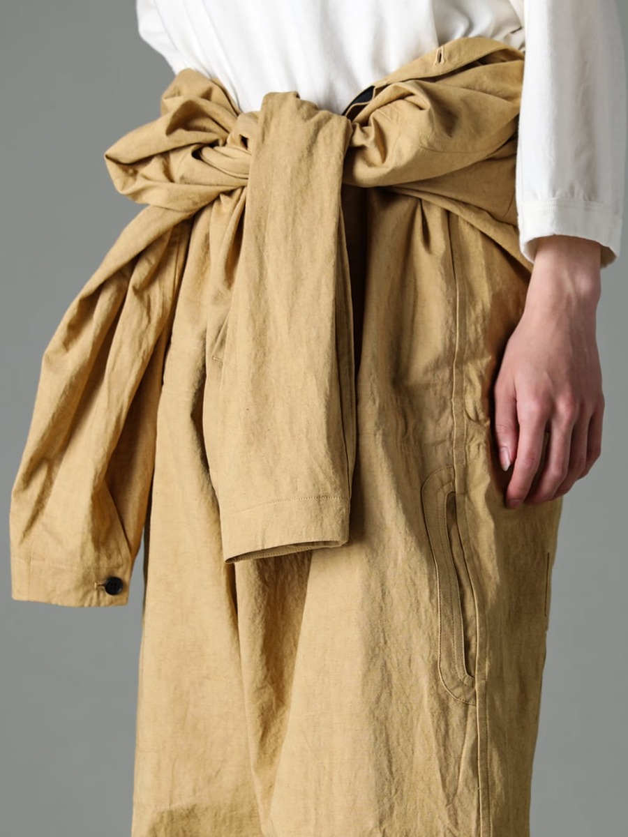 O PROJECT 23SS Can be worn in midsummer as shaped high-waisted trousers by tying the sleeves  - O15JS1-MUSTARD-Jumpsuit Mustard Fine Canvas - O15TS2-KINARI-3/4 Sleeve Tee Cotton Hemp Jersey Kinari - Lugged-Runner-FEIT lugged runner 2-002