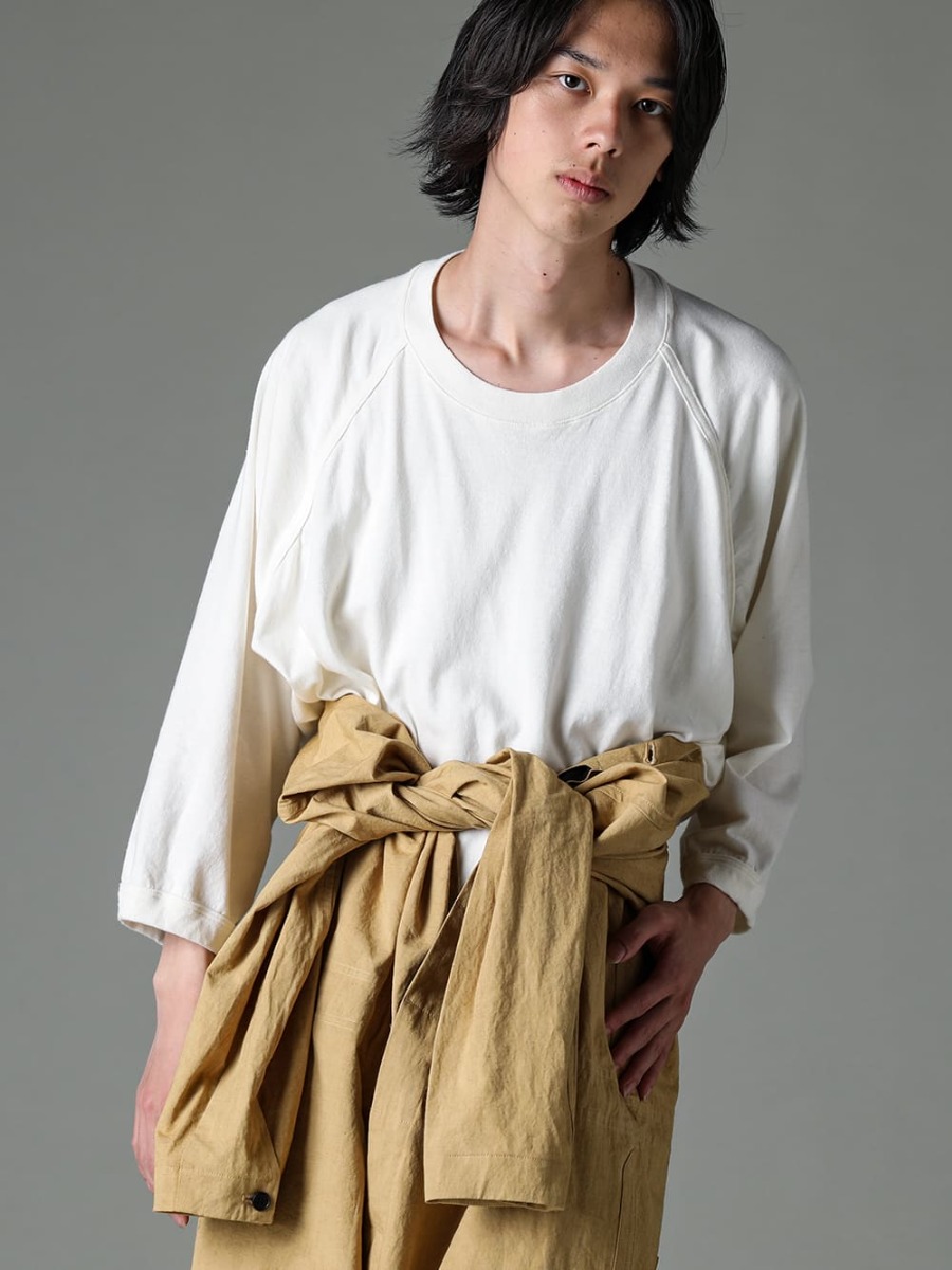 O PROJECT 23SS Can be worn in midsummer as shaped high-waisted trousers by tying the sleeves  - O15JS1-MUSTARD-Jumpsuit Mustard Fine Canvas - O15TS2-KINARI-3/4 Sleeve Tee Cotton Hemp Jersey Kinari - Lugged-Runner-FEIT lugged runner 2-004