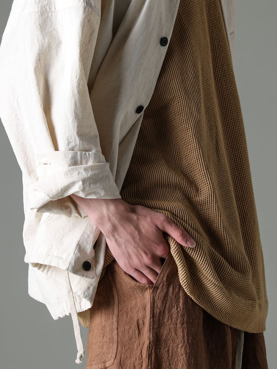 O PROJECT-オープロジェクト シーズン 春夏スタイルに奥行きを与えるメッシュTシャツ  - O15SRT2-KINARI-カバーオール シャツ キナリ ファイン キャンバス - O15TS1-mesh-YELLOW-BEIGE-SS TEE コットン メッシュ イエロー ベージュ - O15TT1-YELLOW-BEIGE-スリーブレス ティー コットン ヘンプ ジャージー イエロー ベージュ  2-003