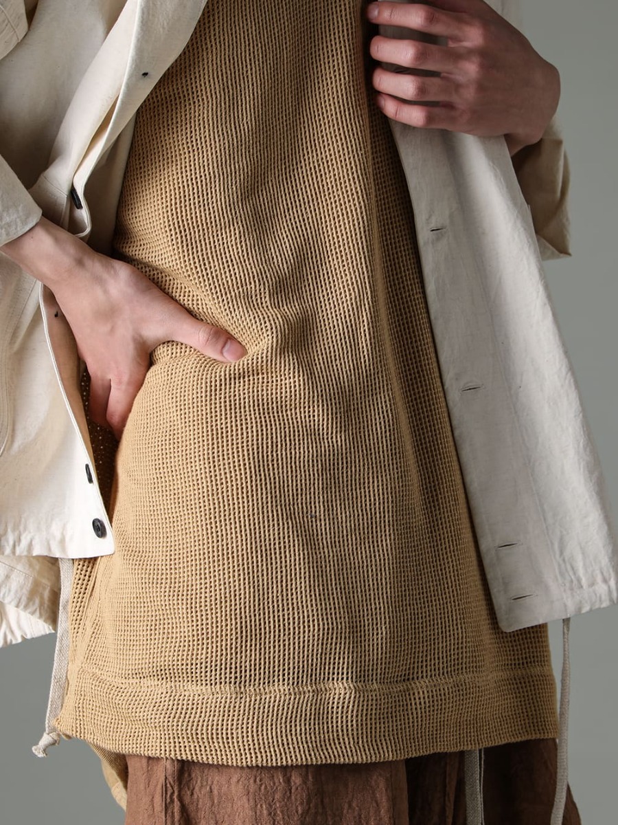 O PROJECT-オープロジェクト シーズン 春夏スタイルに奥行きを与えるメッシュTシャツ  - O15SRT2-KINARI-カバーオール シャツ キナリ ファイン キャンバス - O15TS1-mesh-YELLOW-BEIGE-SS TEE コットン メッシュ イエロー ベージュ - O15TT1-YELLOW-BEIGE-スリーブレス ティー コットン ヘンプ ジャージー イエロー ベージュ  2-004