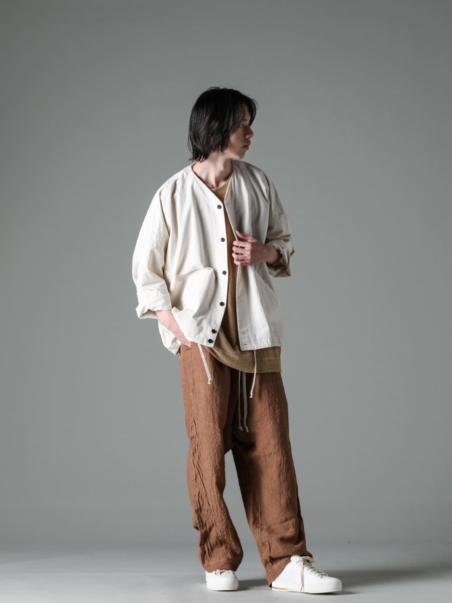 O PROJECT-オープロジェクト シーズン ハイテクスニーカーに負けない脅威の軽さと履き心地を追求したレザーローテクスニーカー - O15SRT2-KINARI-カバーオール シャツ キナリ ファイン キャンバス - O15TS1-mesh-YELLOW-BEIGE-SS TEE コットン メッシュ イエロー ベージュ - O15TT1-YELLOW-BEIGE-スリーブレス ティー コットン ヘンプ ジャージー イエロー ベージュ - O15TR4-KAKISHIBU-ジョギング トラウザー カキシブ ダイ フラックス ローン - FEIT-Hand-Sewn-Low-FEIT ハンドソーン ロー 3-007