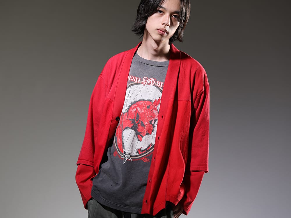 インク / セントマイケル 2023SS - Tシャツをリメイクしたユニークさを感じるカーディガン - ink23-05-Red(アップサイドダウン カーディガン レッド) SM-S23-0000-002(DEVIL ショートスリーブTシャツ) - 2-008