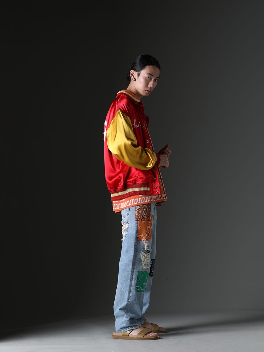 SAINT MICHAEL / ALANUI / WERKSTATT:MÜNCHEN / UMA WANG 2023SS - Elegant street style with colors. - SM-S23-0000-068(SAINT Varsity Jacket) LMHS23-019(Bandana Piquet Shirt Tiger Lily)  M3025(NECKLACE 25 YEARS) LMYS23-200(Baggy Denim Patchwork Jeans) US9561-Tan(Mens Sandal Tan) - 1-003