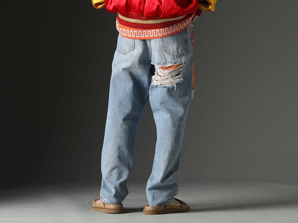 ALANUI / UMA WANG 2023SS Denim pants from ALANUI featuring bandana patchwork. - LMYS23-200(Baggy Denim Patchwork Jeans) US9561-Tan(Mens Sandal Tan) - 3-003