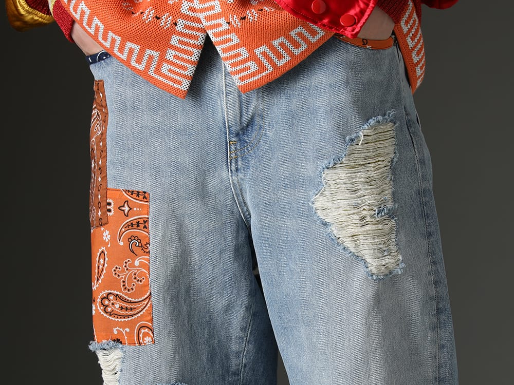 ALANUI 2023SS Denim pants from ALANUI featuring bandana patchwork. - LMYS23-200(Baggy Denim Patchwork Jeans) - 3-004