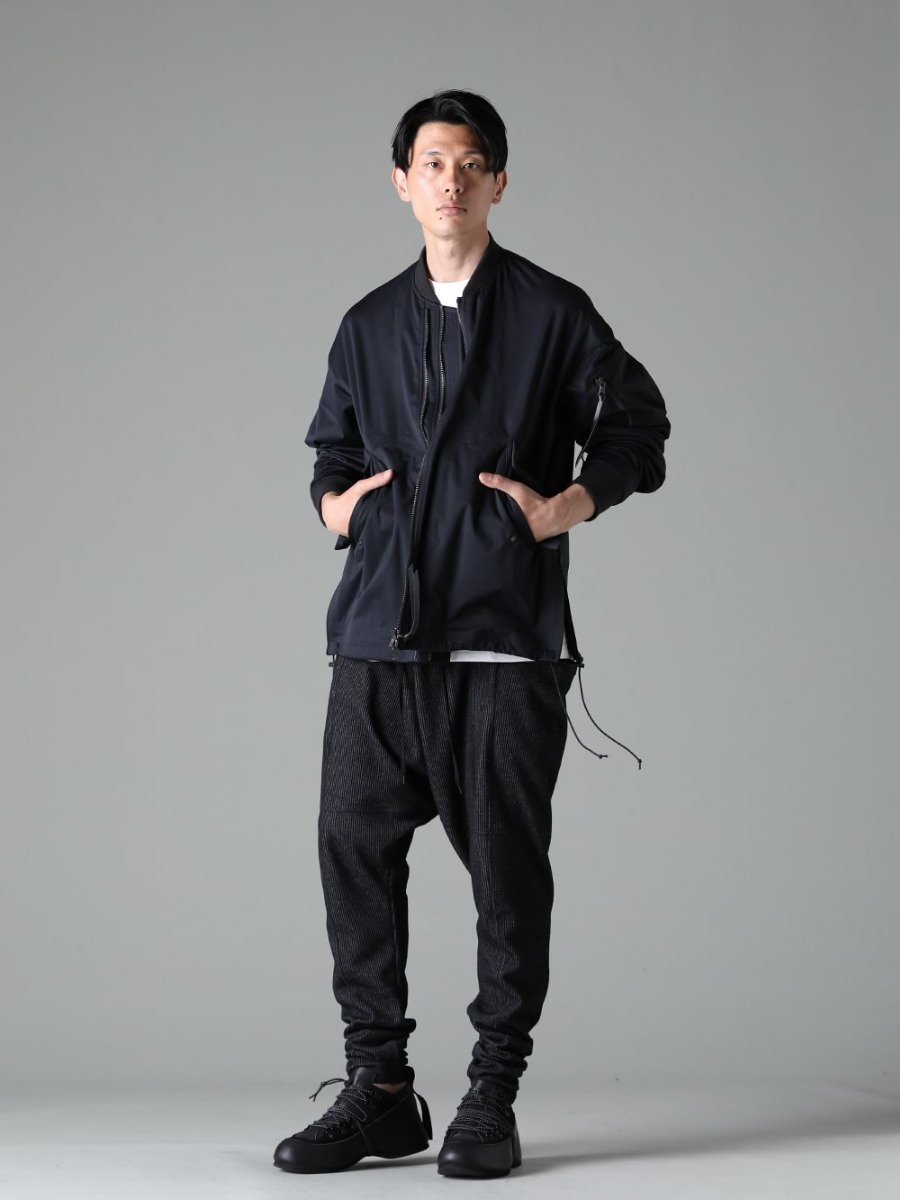 The Viridi-anne 23SS 見出し4 - VI-3558-06-Black Water Repellent Finish Bomber Jacket Black VI-3609-01-Off-White Short-Sleeved Print T-Shirt Off-White VI-3595-04-Black Striped Knit Drop Crotch Pants Black VI-3620-09-Black in-heel shoes  4-001