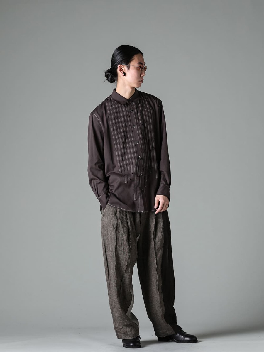 ZIGGY CHEN 23SS Histogram pintuck shirt with inverted columnar graph motif RG1012TI-VINTAGE-SILVER-RG0111CU Vintage/Silver - 0M2310706-Histogramic Stripe Shirt 0M2310533-Multi Fabric Panel Trousers - 992X-Black-Classic Derby Shoes Lace Up Single Sole - Horse Full Grain - 992X 3-001