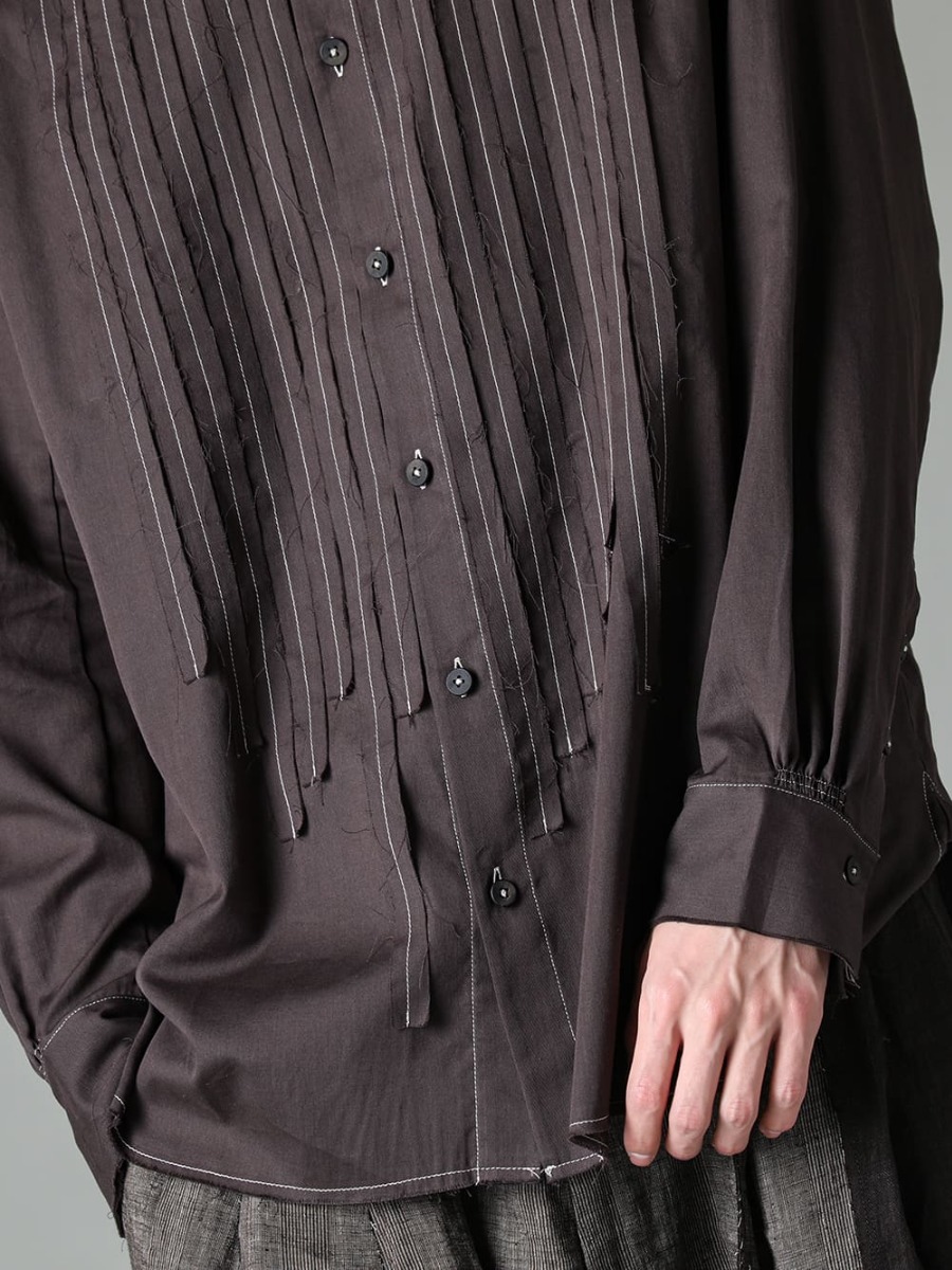 ZIGGY CHEN 23SS Histogram pintuck shirt with inverted columnar graph motif - RG1012TI-VINTAGE-SILVER-RG0111CU Vintage/Silver - 0M2310706-Histogramic Stripe Shirt 0M2310533-Multi Fabric Panel Trousers - 992X-Black-Classic Derby Shoes Lace Up Single Sole - Horse Full Grain - 992X 3-004