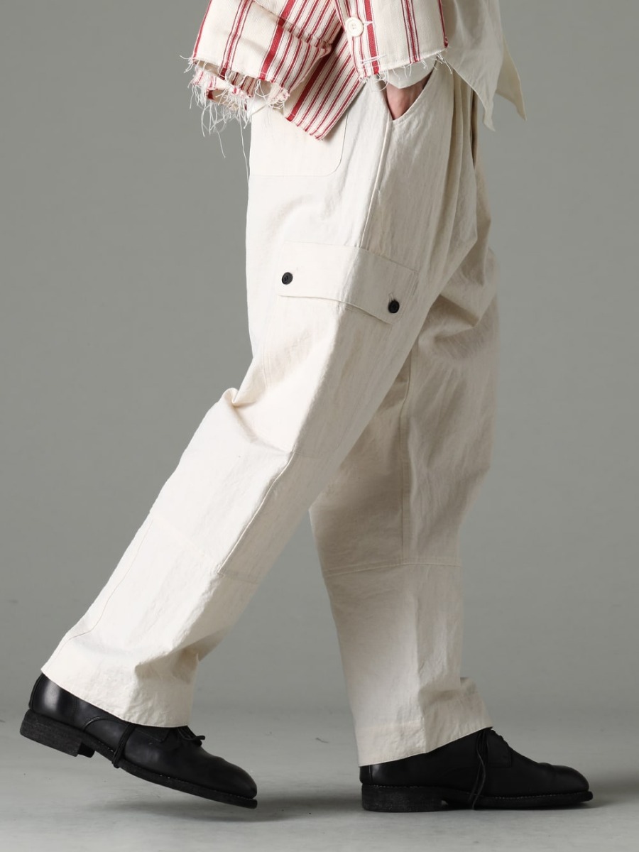 OLUBIYI THOMAS(オルヴィ トーマス) 23SS(春夏) 夏場でも快適に着用できるO PROJECTの代表的なアイテム - O15TR3-KINARI カーゴ トラウザー キナリ ファイン キャンバス 992X-Black クラシック ダービーシューズ レースアップ シングルソール - ホース フルグレイン 3-002