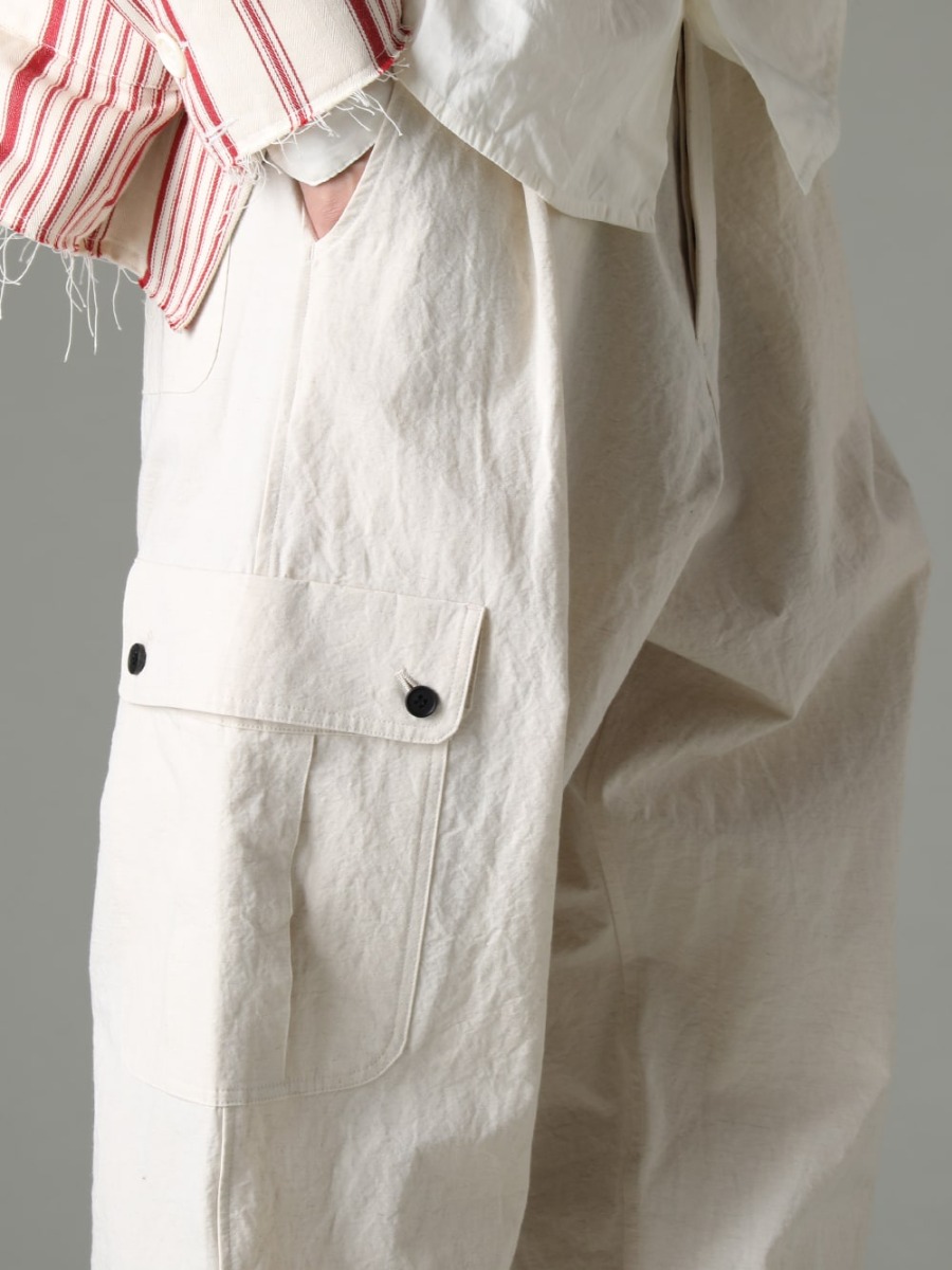 OLUBIYI THOMAS(オルヴィ トーマス) 23SS(春夏) 夏場でも快適に着用できるO PROJECTの代表的なアイテム - O15TR3-KINARI カーゴ トラウザー キナリ ファイン キャンバス 992X-Black クラシック ダービーシューズ レースアップ シングルソール - ホース フルグレイン 3-005