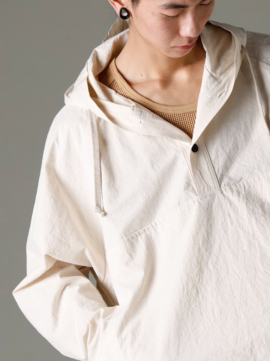 O project(オー プロジェクト) 23SS(春夏) 夏に活躍するリネンパーカーとメッシュTシャツレイヤード  - O15JKT2-KINARI フーディー プルオーバー ジャケット キナリ ファイン キャンバス O15TT1-YELLOW-BEIGE スリーブレス ティー コットン ヘンプ ジャージー 2-004