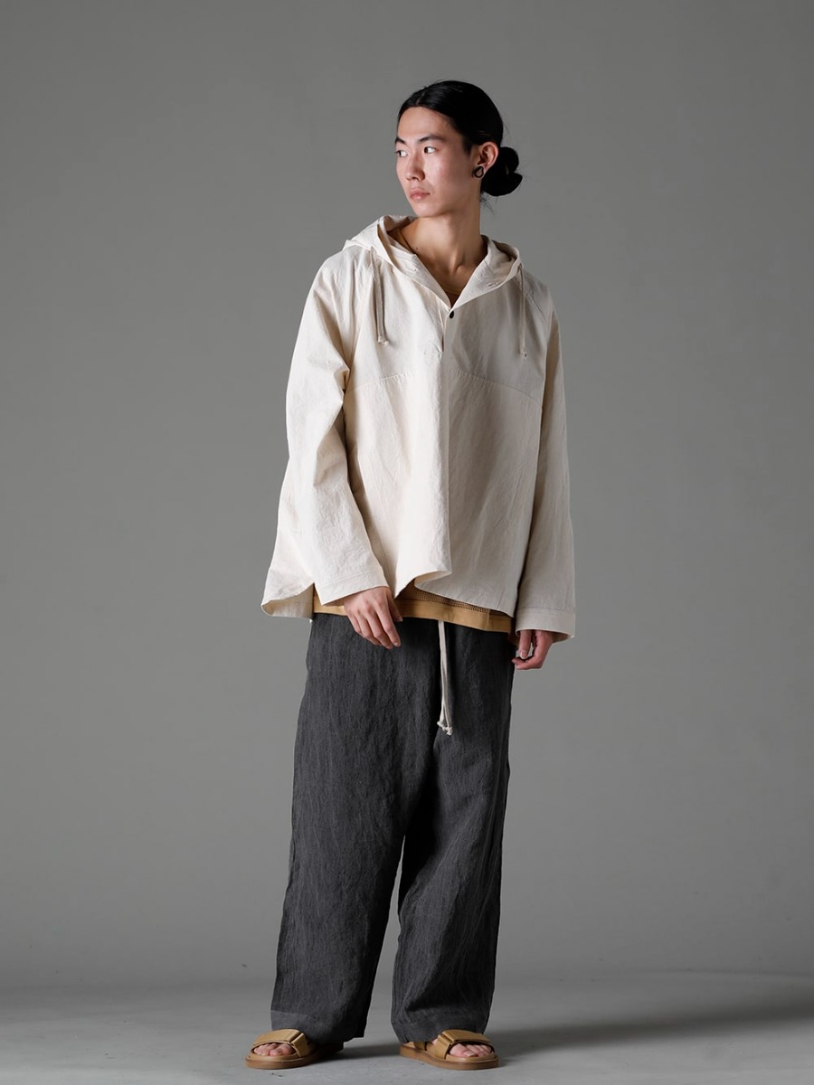 O project(オー プロジェクト) 23SS(春夏) O15JKT2-KINARI フーディー プルオーバー ジャケット キナリ ファイン キャンバス O15TT1-YELLOW-BEIGE スリーブレス ティー コットン ヘンプ ジャージー O15TR4-DK-SUMI ジョギング トラウザー ダーク スミ ダイ フラックス ローン US9561-Tan メンズ サンダル タン  4-001